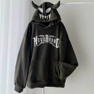 Áo hoodie nón 2 sừng in mặt quỷ, NEVER HOOD chất nỉ mềm mịn, logo in,form rộng freesize dưới70kg