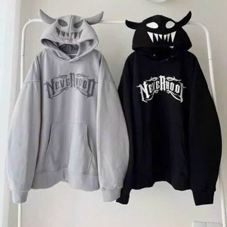 Áo hoodie nón 2 sừng in mặt quỷ, NEVER HOOD chất nỉ mềm mịn, logo in,form rộng freesize dưới70kg
