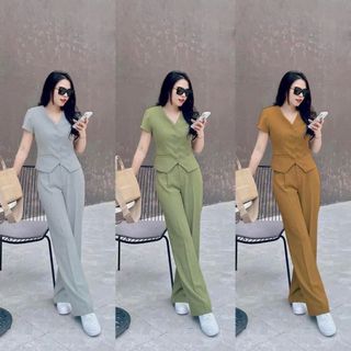 Set bộ chất cotton lạnh thời trang thiết kế nữ trẻ trung sang trọng cổ chữ V áo tay ngắn đính nút phối túi - N63