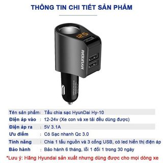 Tẩu sạc nhanh QC3.0 hiệu Hyundai HY-10, dùng cho mọi loại xe