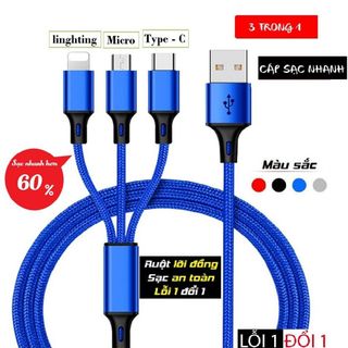 Cáp Sạc 3 Đầu Type C,,Micro USB Siêu Bền