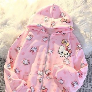 Áo khoác hoodie zip in HELLO KTTY chất nit bông dày mịn freesize dưới 70kg