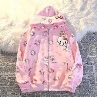 Áo khoác hoodie zip in HELLO KTTY chất nit bông dày mịn freesize dưới 70kg