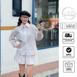Set Áo Sơ Mi Kẻ Sọc Dọc Màu Hồng Tay Bồng Mix Váy Ngắn Xoè Bồng Cực Kỳ Cá Tính