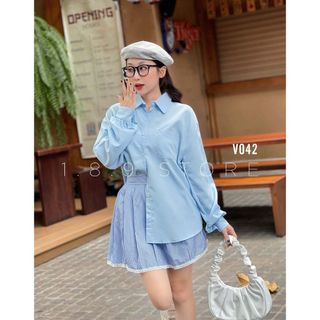 Set 3 Món  Áo Sơ Mi Xanh Trơn Basic  Áo Bra 2 Dây Có Đệm Ngực  Chân Váy Xếp Ly Cạp Chun Có Lớp Lót Phong Cách