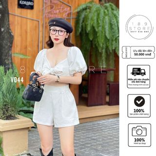 Set Áo Đi Biển Crop Top Nude Thắt Nơ Mix Quần Short Cạp Chun