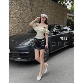 Set Áo Nơ Trễ Vai Chân Váy Có Lót Quần Trong Sau Lưng Áo Có Chun Co Giãn