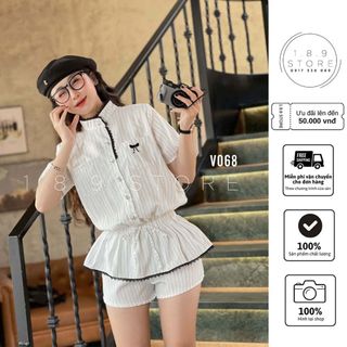 Set Váy Nữ Jumpsuit Cổ Tàu Phối Ren Viền Cổ Thêu Nơ Phong Cách Tiểu Thư