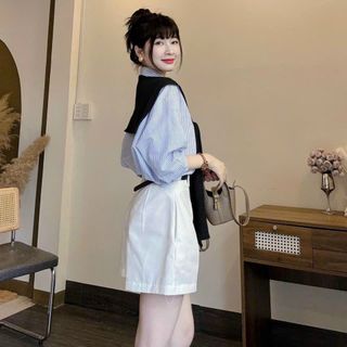 SET 4 món áo sơ mi sọc chất kate, khăn choàng, quần kaki mềm kèm dây nịt Freesize dưới 55kg