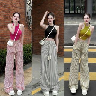 Quần sọc dáng suông ống rộng, chất đũi mềm lưng thun, dây luồng 2 size L và XL giá sỉ