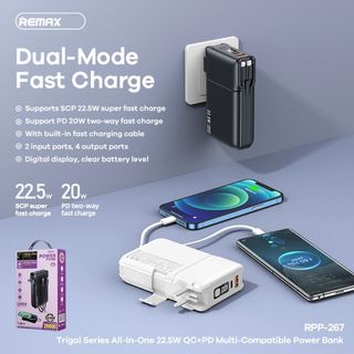 Pin Sạc Dự Phòng 20000mAh Remax RPP-267 - Sạc Nhanh QC3.0, VOOC 2.0, PD20W, Tích Hợp Cáp Sạc và Nguồn AC Sạc Trực Tiếp Pin Dự Phòng Sạc Pin