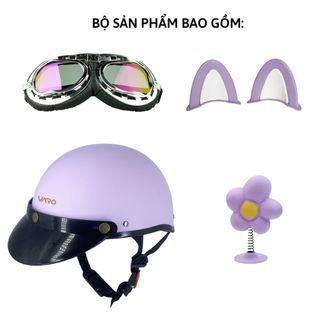Nón Bảo Hiểm 1/2 VARO Tím Kèm Kính Phi Công Gắn Tai Mèo Và Bông Trứng Dễ Thương Chính Hãng