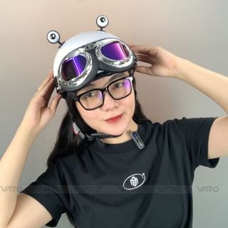 Mũ Bảo Hiểm Phi Công Nửa Đầu VARO Helmets Trắng Bóng Kèm Kính Phi Công Gắn Mắt Ếch Freesize