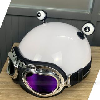 Mũ Bảo Hiểm Phi Công Nửa Đầu VARO Helmets Trắng Bóng Kèm Kính Phi Công Gắn Mắt Ếch Freesize