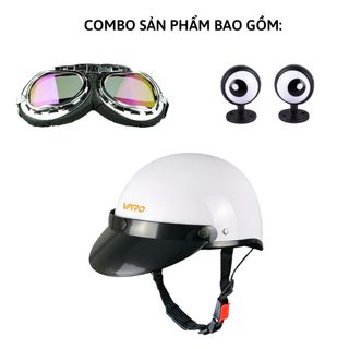 Mũ Bảo Hiểm Phi Công Nửa Đầu VARO Helmets Trắng Bóng Kèm Kính Phi Công Gắn Mắt Ếch Freesize