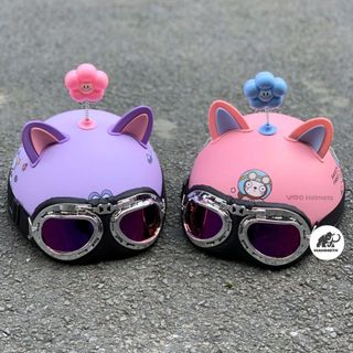 Mũ Bảo Hiểm Nửa Đầu VaroHelmet Tem Thỏ, Gấu Dễ Thương Kèm Kính Phi Công, Kính UV Chính Hãng