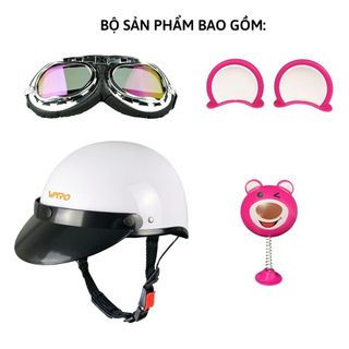 Nón Bảo Hiểm 1/2 Varo Trắng Bóng Kèm Kính Phi Công Gắn Tai Và Bông Gấu Dâu Dễ Thương Chính Hãng