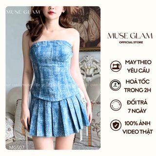 Set jean cúp ngực váy xếp ly MUSE GLAM set denim kèm chân váy có lót quần MGS07 giá sỉ