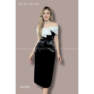 (Có bigsize) Đầm dự tiệc trễ vai đính nơ MUSE GLAM, mặc đi tiệc, dạ hội MGD88