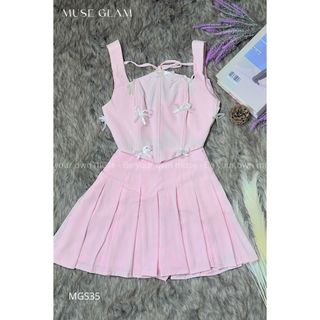 Set áo croptop đính nơ kèm chân váy xếp ly MUSE GLAM MGS35