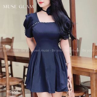 Đầm xòe tay phồng kèm dây cổ hoa hồng MGD08