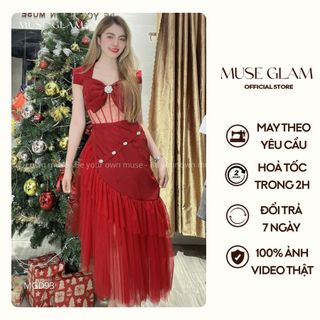 Đầm dự tiệc bút chì phối nơ đính đá MUSE GLAM Hàng Thiết Kế Nhiều Màu Cao Cấp MGD93