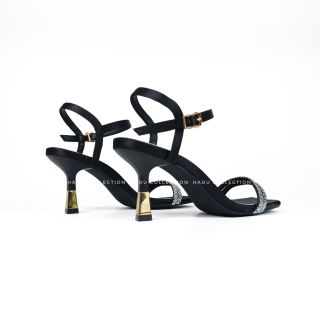 Giày sandal 7P gót mạ vàng hai quai ngang đính đá Hadu M7120
