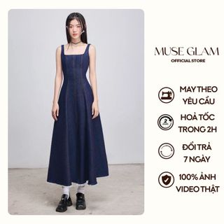 Đầm hai dây jean dáng dài xoè MUSE GLAM váy denim co giãn nhẹ MGD72