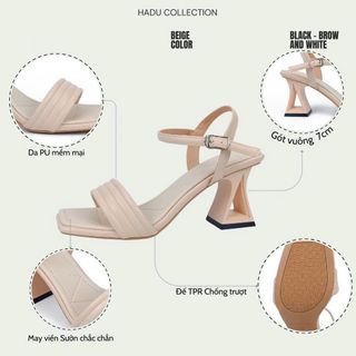 Giày sandal 7P gót tam giác mở quai ngang dập phồng Hadu M7118
