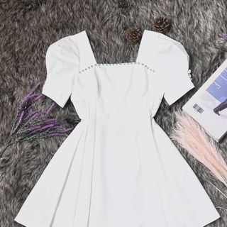 Đầm xòe tay phồng kèm dây cổ hoa hồng MGD08