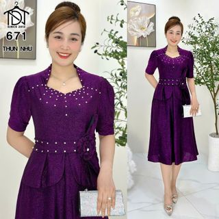 Đầm trung niên dự tiệc sang trọng vải kim tuyến nhũ kim sa đính đá tặng mẹ co giãn tốt bigsize 80kg M671