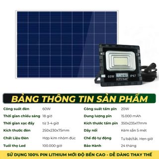 [Tấm Pin Cao Cấp] Đèn năng lượng mặt trời 60W, khung nhôm đúc bền bỉ, mặt kính cường lực hiện đại, dễ lắp đặt giúp chiếu sáng mọi góc khuất. Tối tự động sáng, sáng tự động tắt