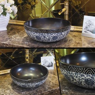 Chậu sứ lavabo nghệ thuật để bàn với tông màu đen kết hợp hoa văn độc đáo mã N101