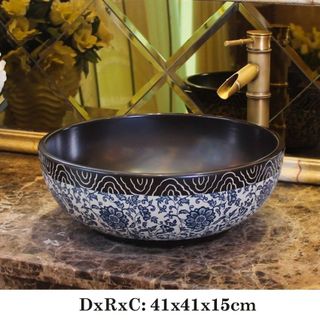 Chậu sứ lavabo nghệ thuật để bàn với tông màu đen kết hợp hoa văn độc đáo mã N101