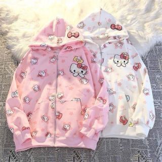 Áo khoác hoodie zip in HELLO KTTY chất nit bông dày mịn freesize dưới 70kg giá sỉ - giá bán buôn