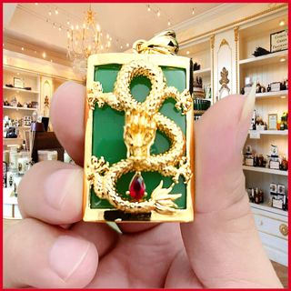 Bộ dây chuyền nam trang sức titan vòng cổ trúc rồng mặt vuông đá xanh cao cấp