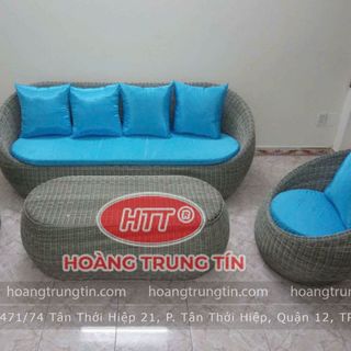 Sofa trứng dây tròn nhựa giả mây nệm màu xanh. Nhận làm theo yêu cầu giá sỉ