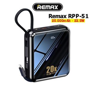 Pin sạc dự phòng 20000mAh REMAX RPP-51 - Pin Dự Phòng Sạc nhanh 22.5W, Sạc Pin kèm 2 cáp Type-C & Lightning, đèn pin
