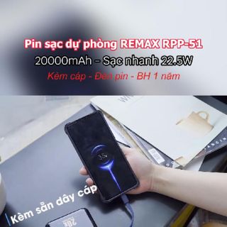 Pin sạc dự phòng 20000mAh REMAX RPP-51 - Pin Dự Phòng Sạc nhanh 22.5W, Sạc Pin kèm 2 cáp Type-C & Lightning, đèn pin