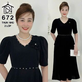 Đầm trung niên dự tiệc sang trọng vải kim tuyến nhũ kim sa đính đá tặng mẹ co giãn tốt bigsize 80kg M672