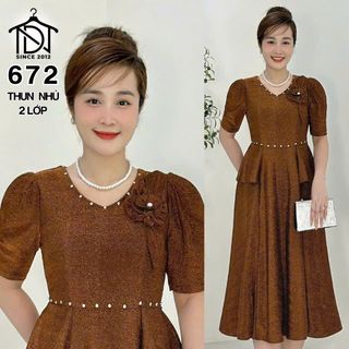 Đầm trung niên dự tiệc sang trọng vải kim tuyến nhũ kim sa đính đá tặng mẹ co giãn tốt bigsize 80kg M672