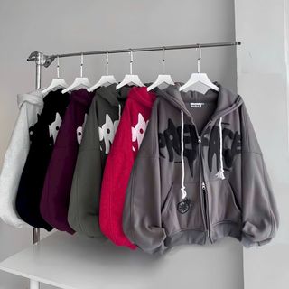 Áo khoác hoodie zip in chữ nổi PREFACE dây kéo 2 đầu