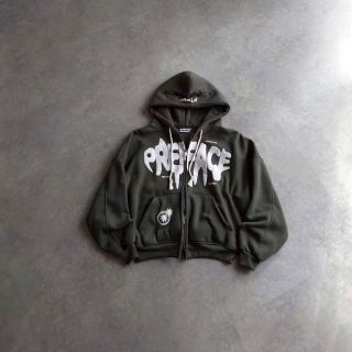 Áo khoác hoodie zip in chữ nổi PREFACE dây kéo 2 đầu