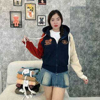 Áo khoác kiểu raplag sọc tay thêu 08 nỉ XK dày mịn tay xỏ ngón