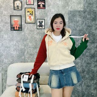 Áo khoác kiểu raplag sọc tay thêu 08 nỉ XK dày mịn tay xỏ ngón
