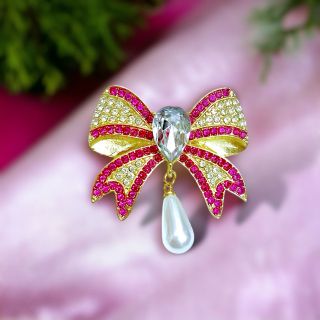 Ghim cài áo hình nơ đính đá, Ngọc trai giọt nước nhân tạo thời trang dành cho nữ- 5cm
