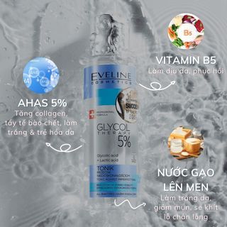 Nước hoa hồng Toner Eveline 5% Glycolic Acid (xanh) căng bóng, láng mướt, mờ thâm mụn