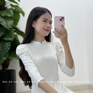 Sỉ mẫu áo dài trắng 2 tà lụa mỹ - lụa mỹ tay bồng đính ngọc  học sinh  cực đẹp, giá cạnh tranh