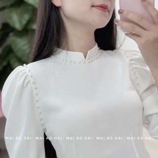 Sỉ mẫu áo dài trắng 2 tà lụa mỹ - lụa mỹ tay bồng đính ngọc  học sinh  cực đẹp, giá cạnh tranh