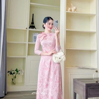 Áo dài nữ Gấm lụa 2 da 2 mặt cao cấp, mầu hồng - Sỉ SLL sẵn kho